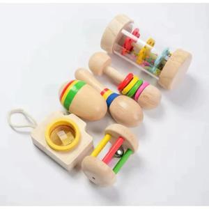Chocalho Para Bebê Madeira Sensorial +5 Meses Kit 6pçs